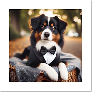 Australian shepherd dog in formal tuxedo suit Posters and Art